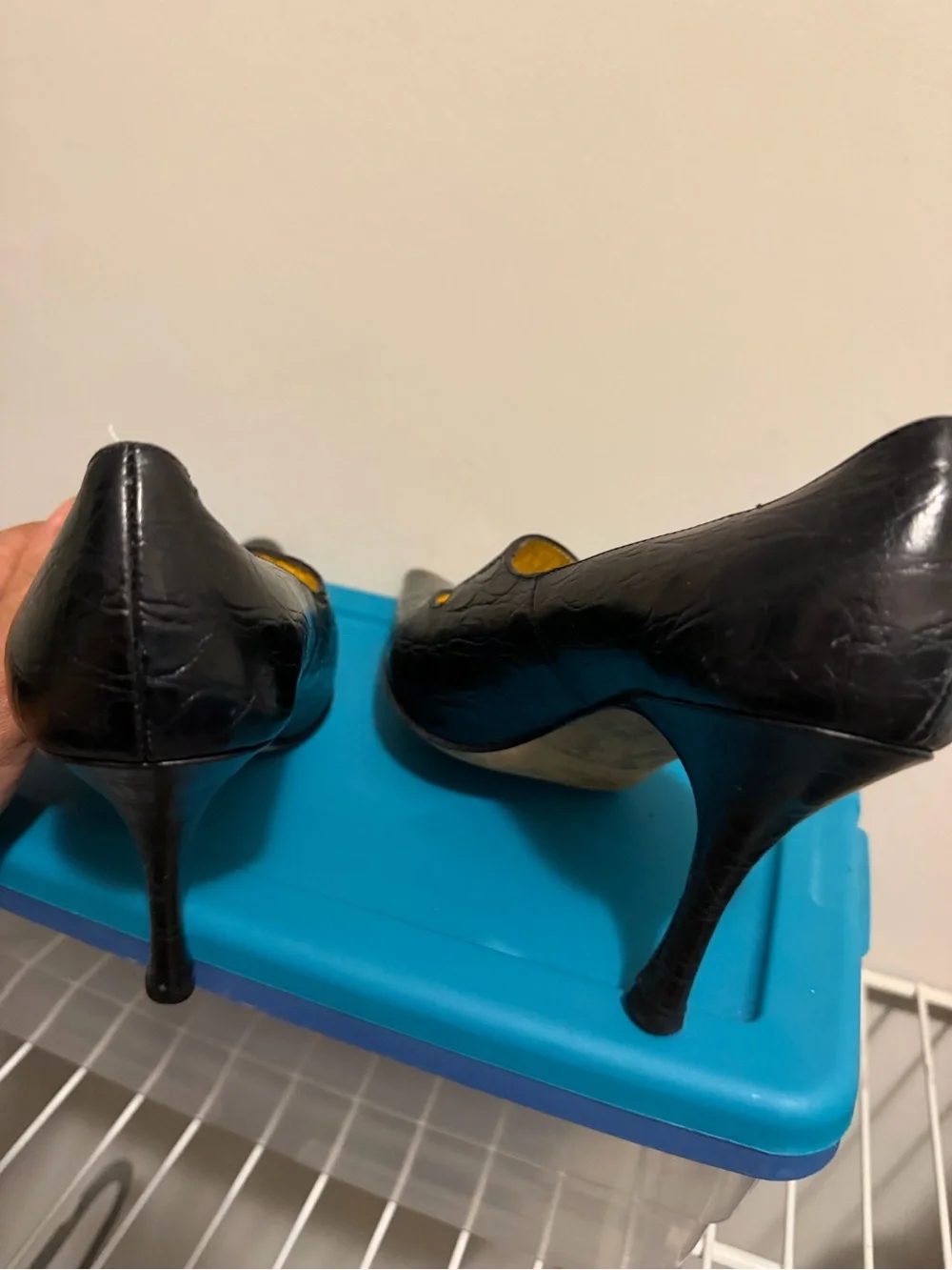 Black Croc-Embossed Pointed Mary Jane Heels with Gold Interior